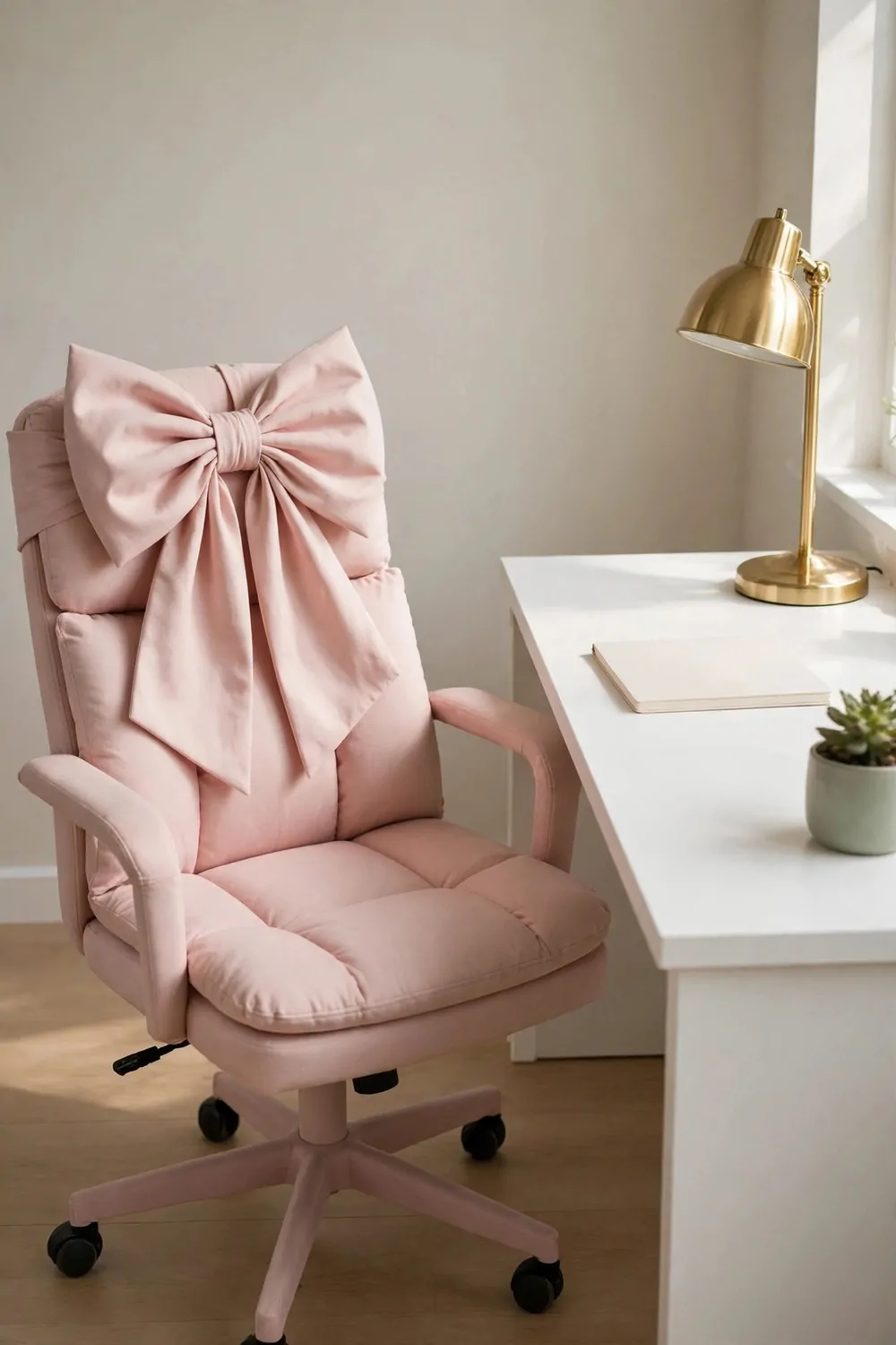 A blush pink cushioned desk chair with a large fabric bow on its backrest beside a white desk holding a gold lamp, a blank notebook, and a small potted plant.