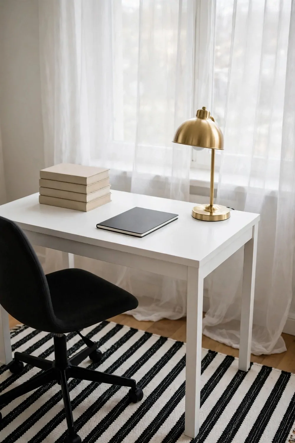 A black chair on a black-and-white striped rug at a white desk with a gold lamp, a blank black notebook, and a stack of plain books in front of sheer-curtained windows.