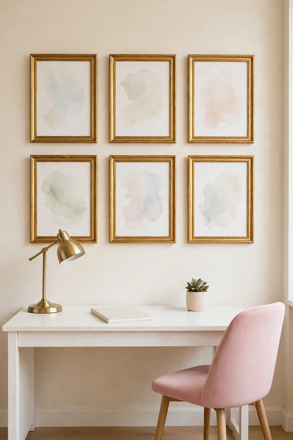 Six gold-framed pale abstract watercolor washes in two rows on a cream wall above a white desk with a gold lamp on the left, a blank closed notebook in the center, and a small potted succulent on the right, with a pink upholstered chair beside the desk.