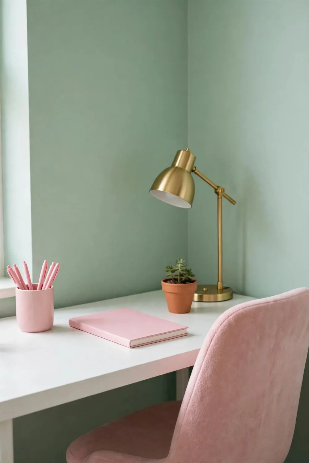 A white desk against a mint green wall holds a pink pen cup with pink pens, a blank pink notebook, a gold desk lamp, and a small potted succulent, with a blush pink chair in the foreground.