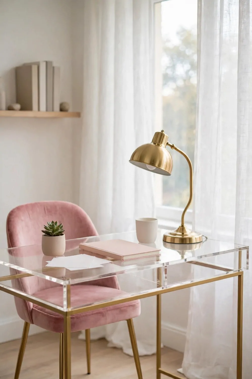 A clear acrylic desk with slim gold legs holds a gold lamp, a blank pink notebook, blank papers, a small potted succulent, and a plain white cup before sheer curtains, with a pink velvet chair behind it and plain books on a wall shelf.