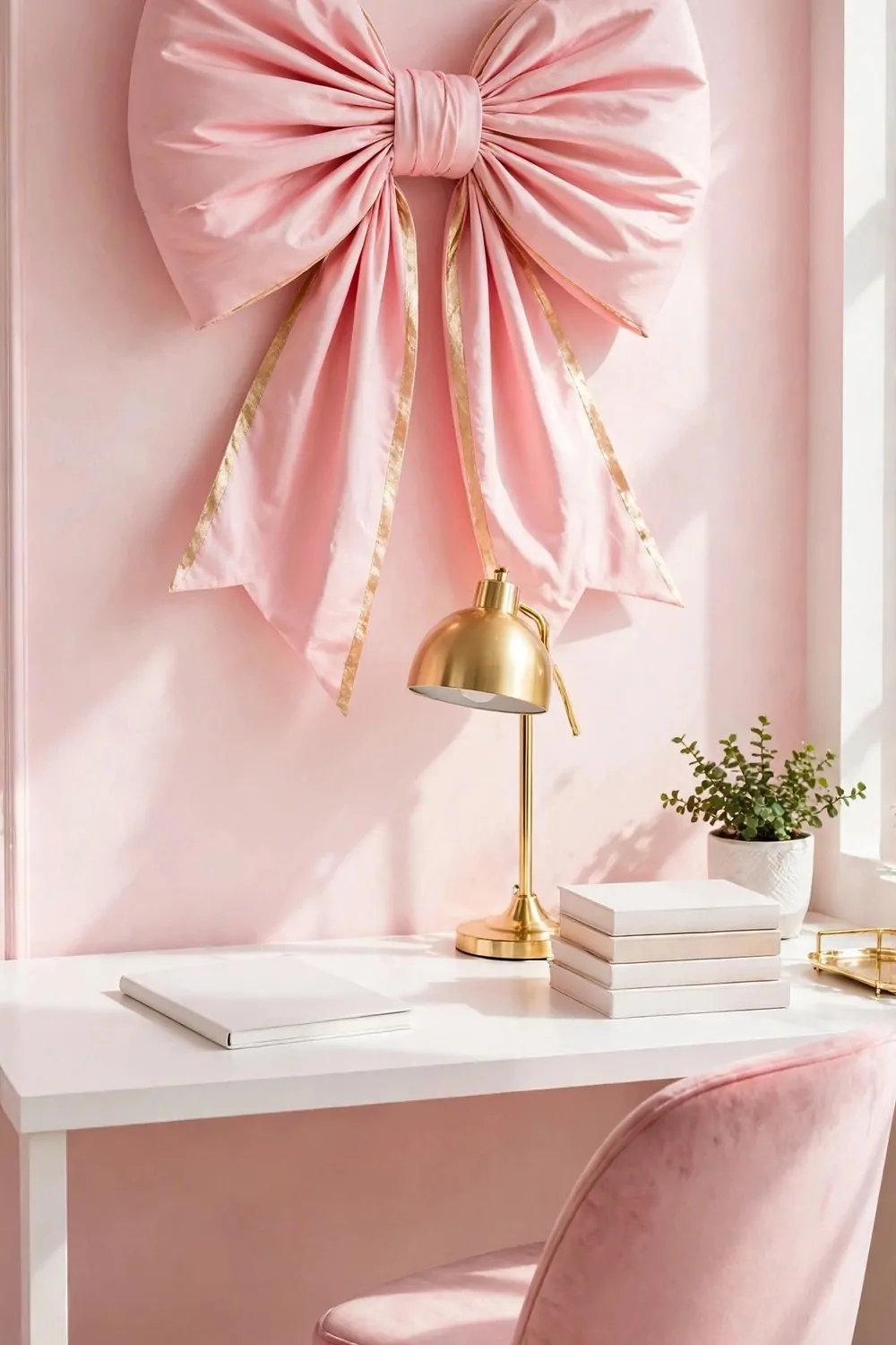 A large pink fabric bow with gold trim hangs on a pale pink wall above a white desk holding a gold dome lamp, a blank white notebook, a stack of four plain blank books, and a small potted plant, with a pink velvet chair in the foreground.