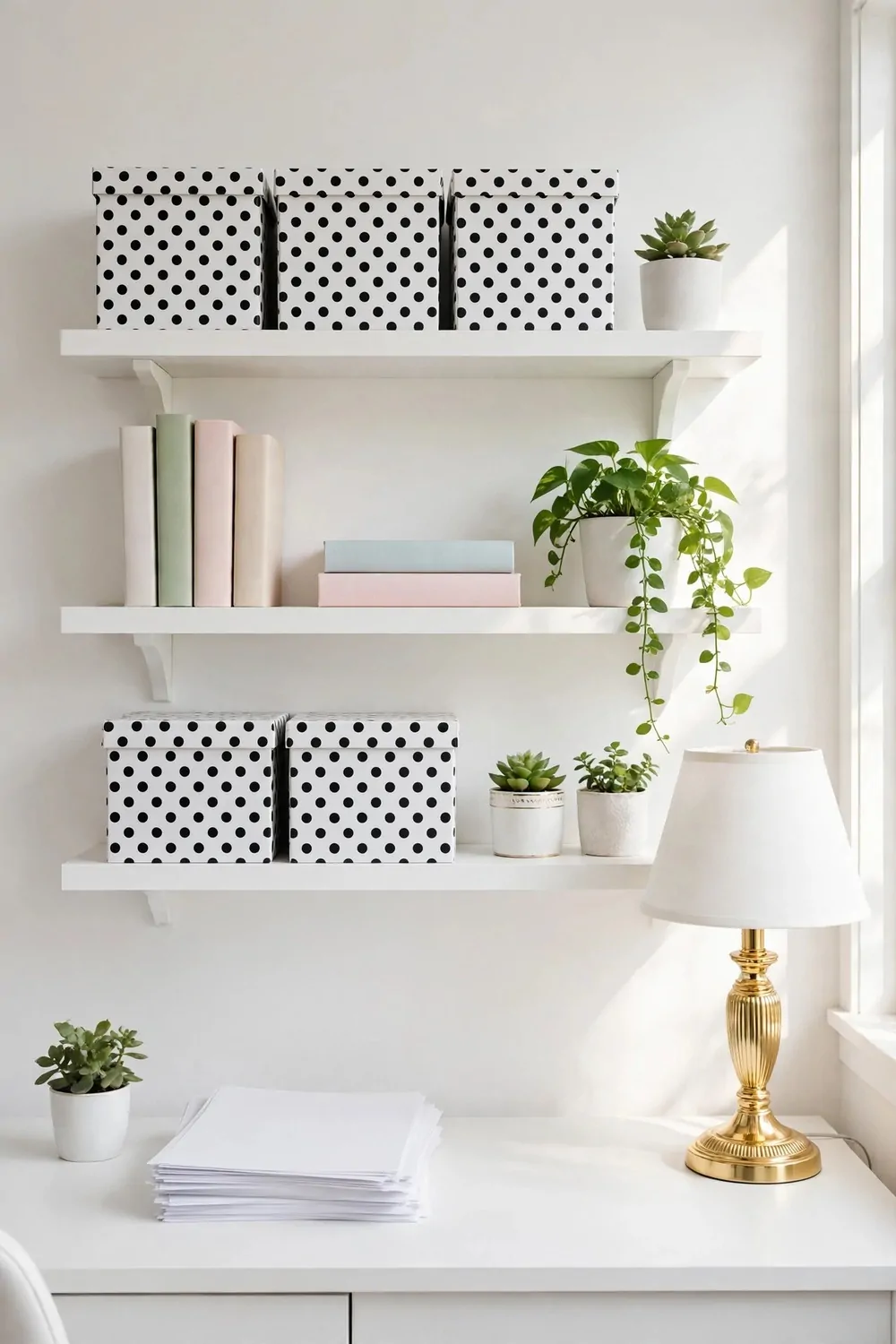 White shelves hold black polka-dot storage boxes, plain pastel books with blank spines, and potted plants above a white desk with a gold lamp and a stack of blank papers.