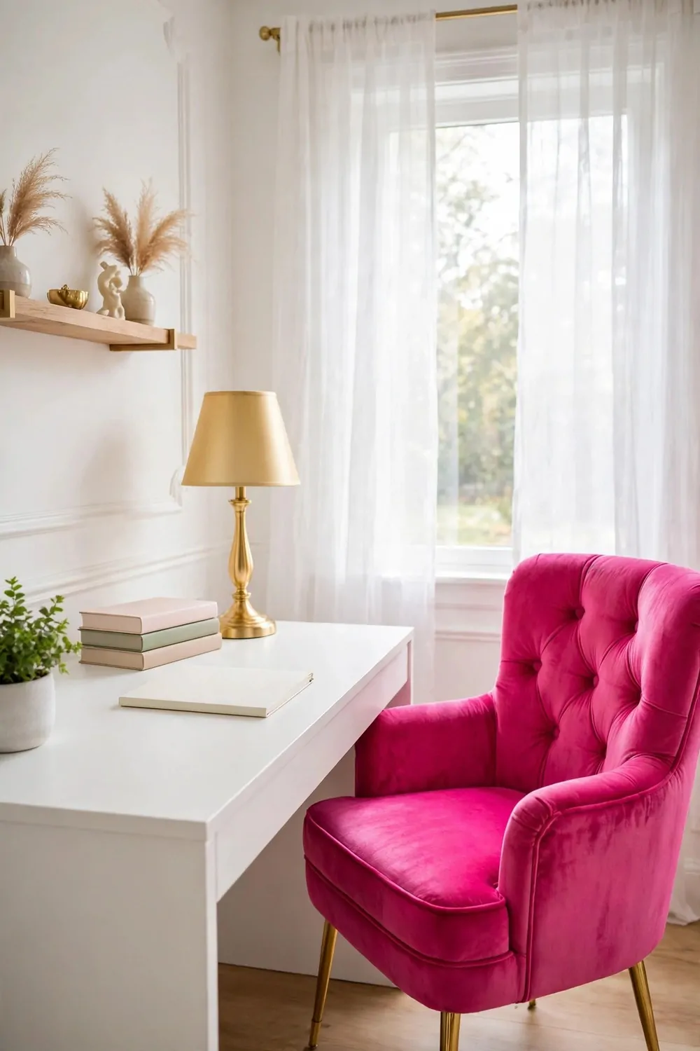 A hot pink tufted velvet armchair sits at a white desk with a gold lamp, a blank notebook, a stack of plain books, and a small potted plant beside sheer-curtained windows.