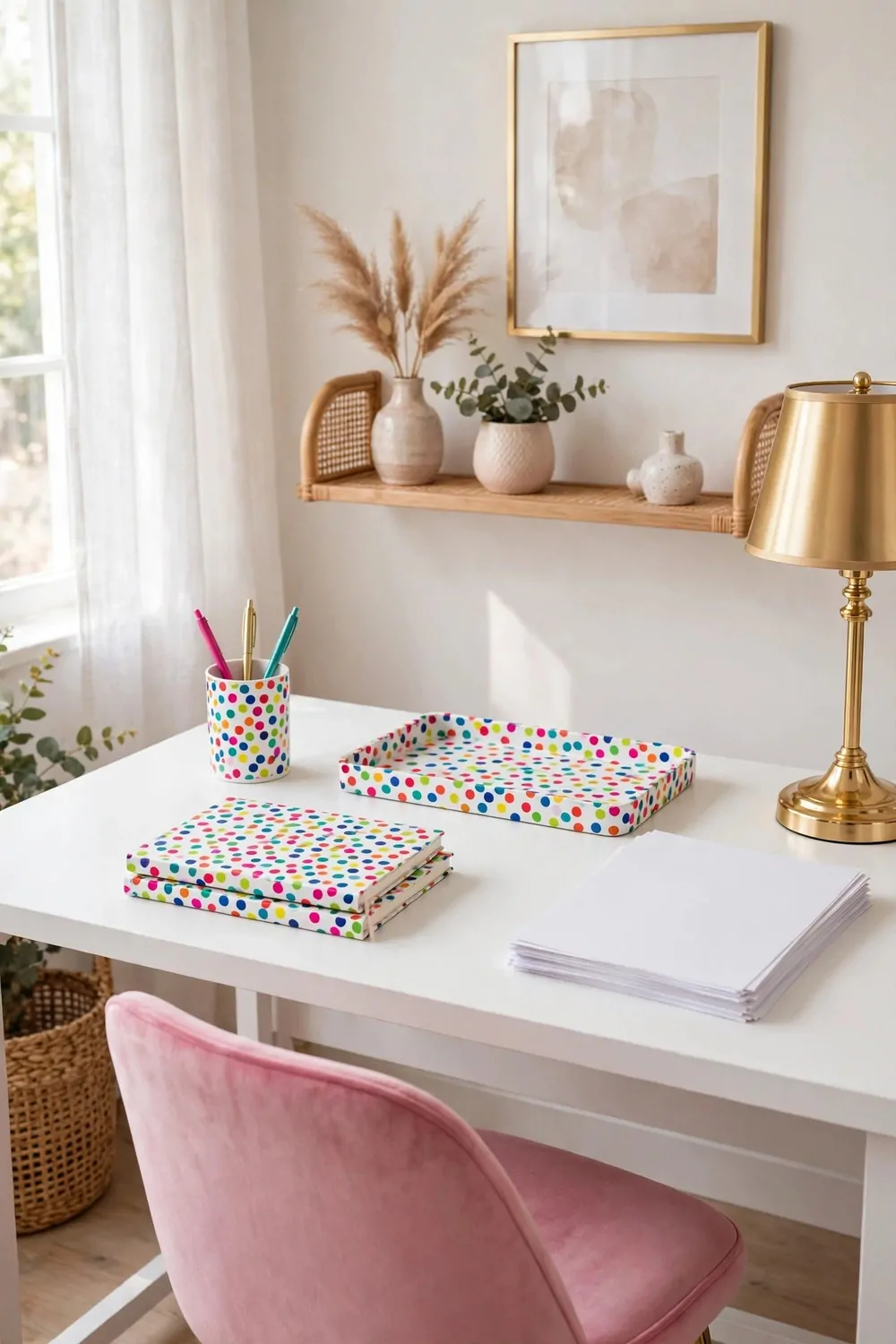 A white desk holds colorful dotted desk accessories including a pen cup, tray, and notebook covers, with a gold lamp, blank papers, and a pink chair in front.