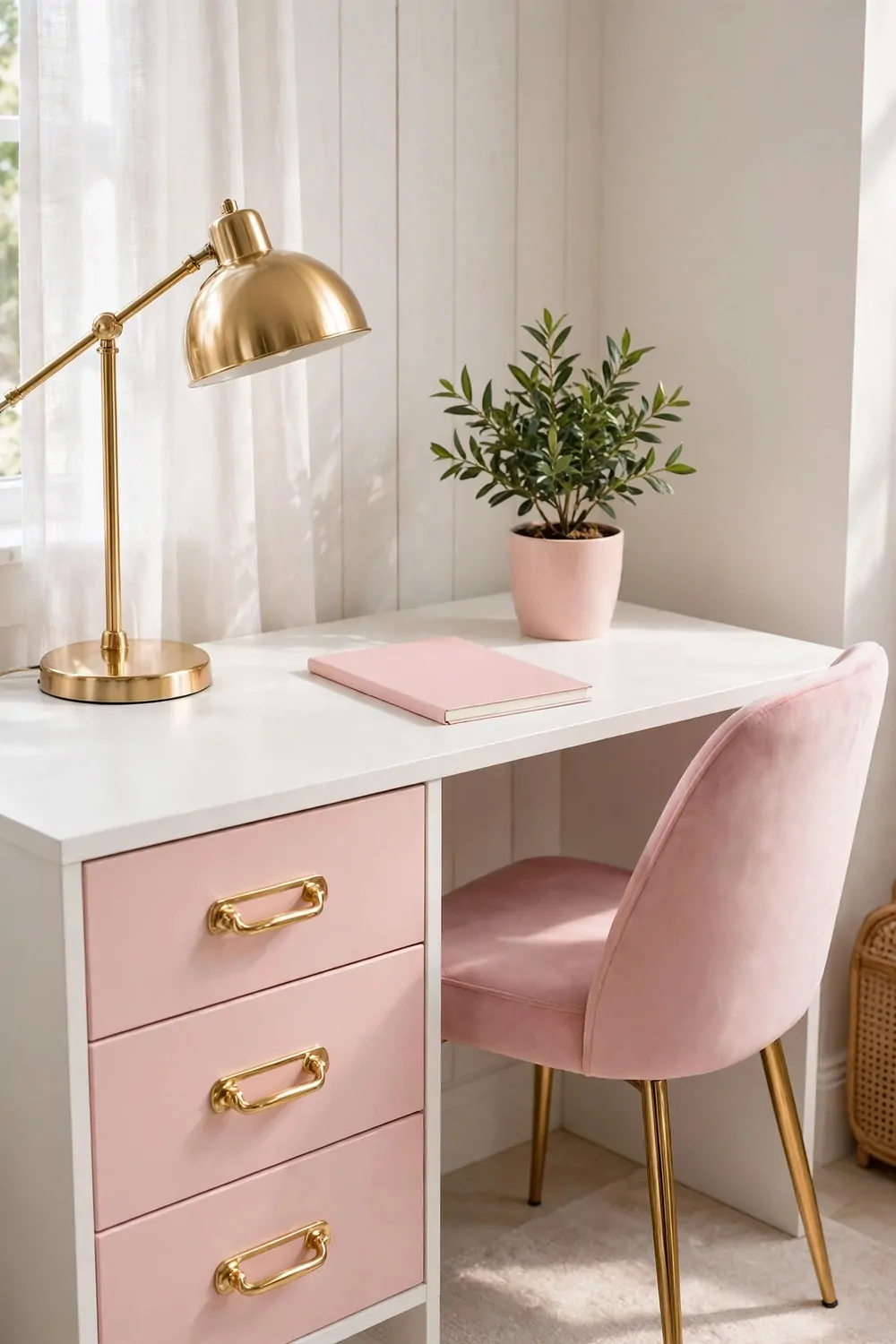A white desk with three blush pink drawer fronts and gold handles, a gold desk lamp, a blank pink notebook, a potted plant in a pink pot, and a pink velvet chair with gold legs beside sheer curtains.