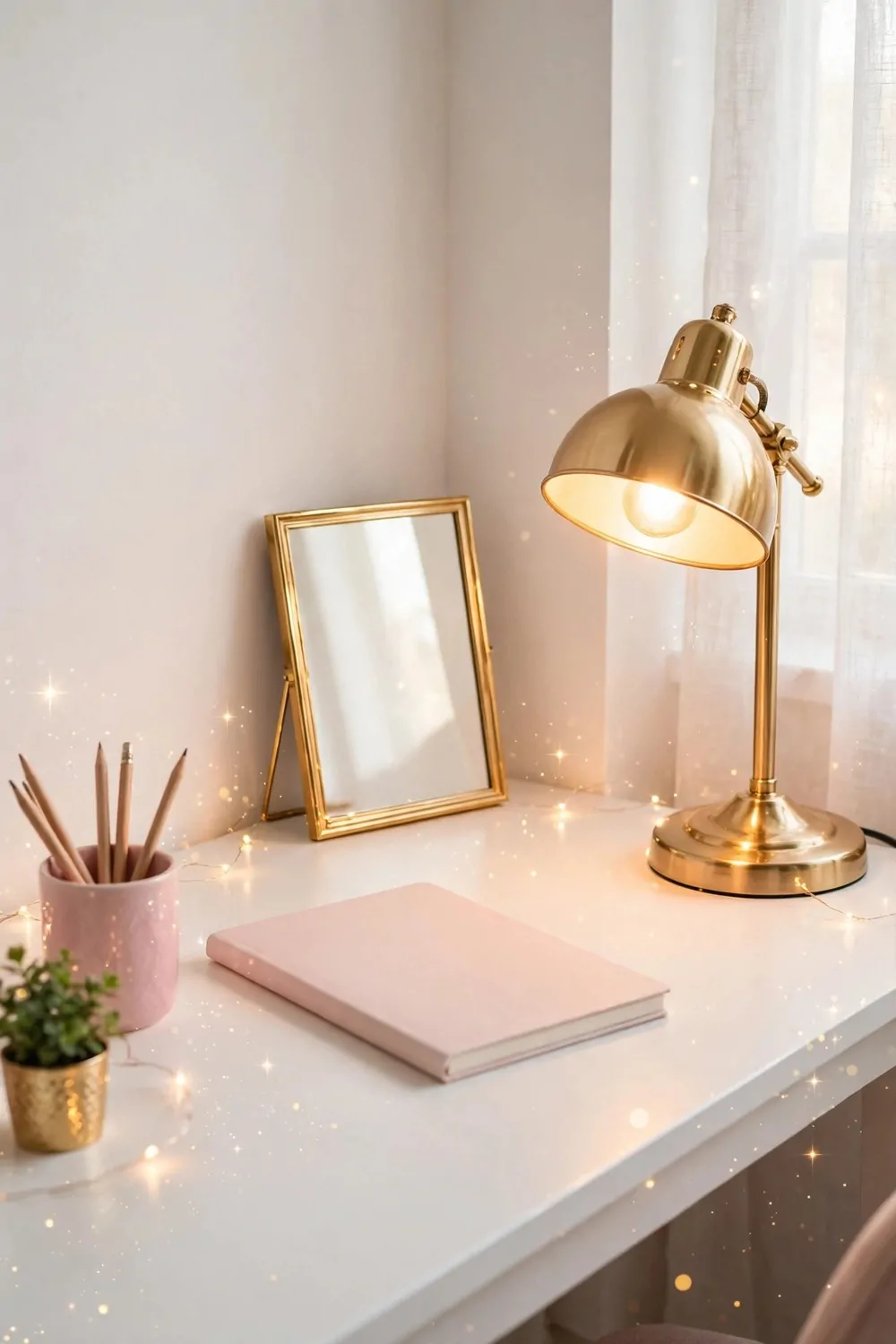 A glowing gold desk lamp on a white desk beside a small gold-framed mirror, a blank pink notebook, a pink cup holding pencils, and a tiny potted plant, with fairy lights and sparkle accents in a bright corner.