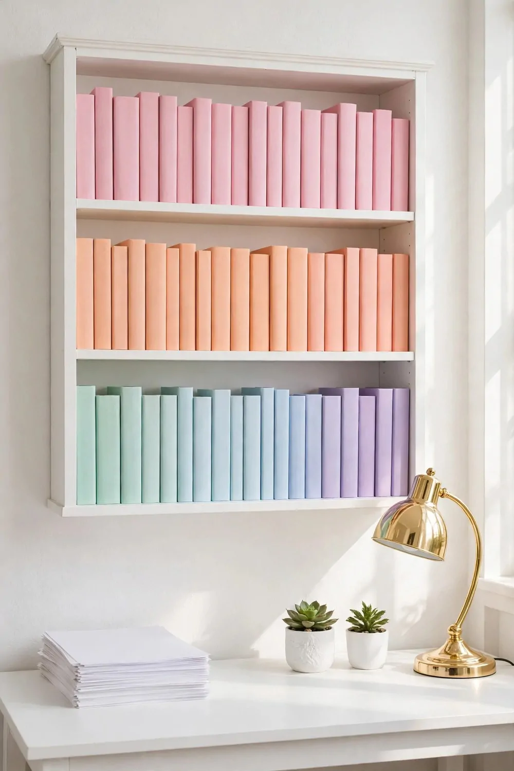 A white bookshelf holding plain blank-spined books in pastel pink, peach, mint, pale blue, and lavender order above a white desk with a gold lamp, a stack of blank papers, and two small succulents.