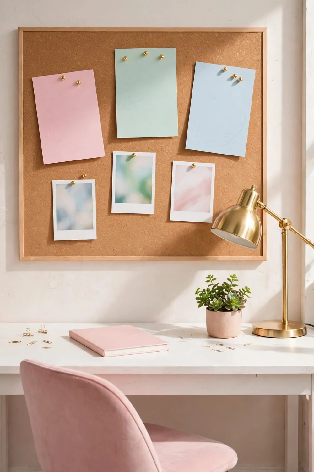 A cork pinboard above a white desk holding blank pastel cards with only faint unreadable marks and three abstract photos, with a gold lamp, a blank pink notebook, a small potted succulent, and a pink chair in front.