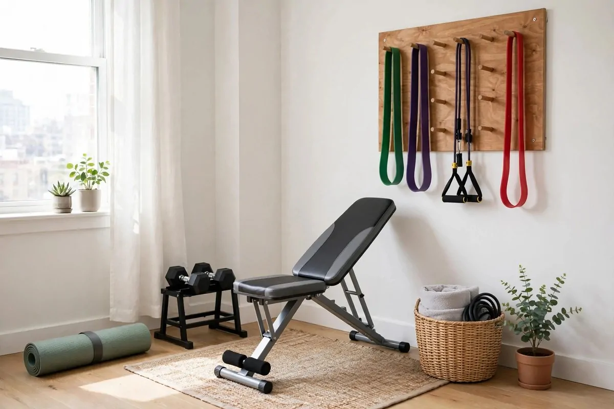 Compact home gym setup in a small corner with exercise equipment