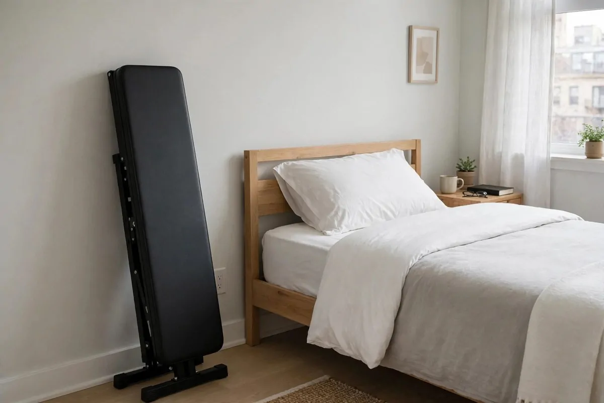 15 Mini Gym at Home Ideas That Fit in Any Corner 1 Foldable black weight bench folded flat leaning against a bedroom wall next to a bed
