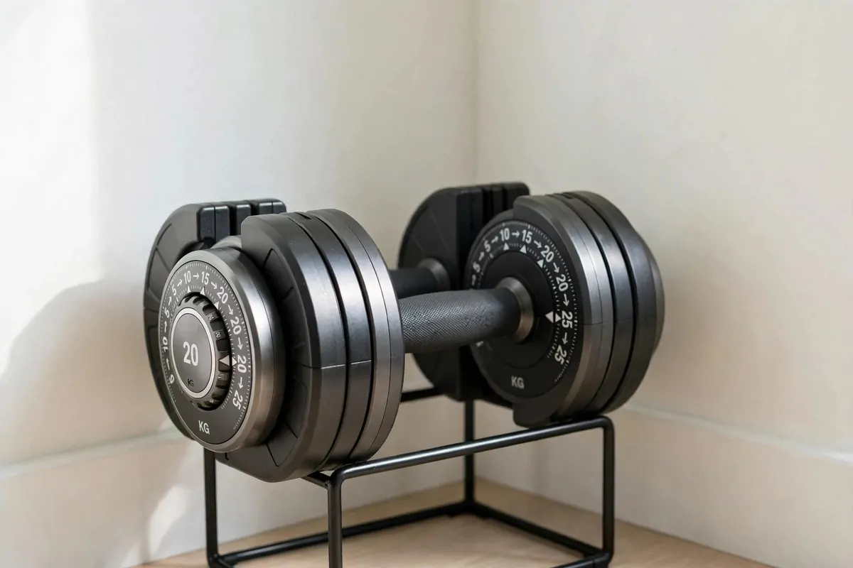 15 Mini Gym at Home Ideas That Fit in Any Corner 2 Pair of adjustable dumbbells with weight dials on a small rack in a room corner