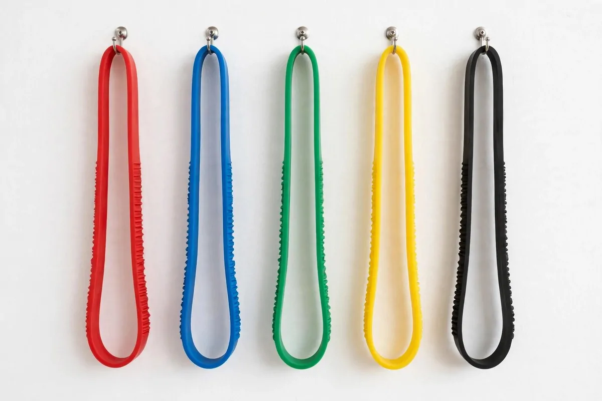 15 Mini Gym at Home Ideas That Fit in Any Corner 3 Colorful resistance bands hanging on wall mounted hooks in a neat row