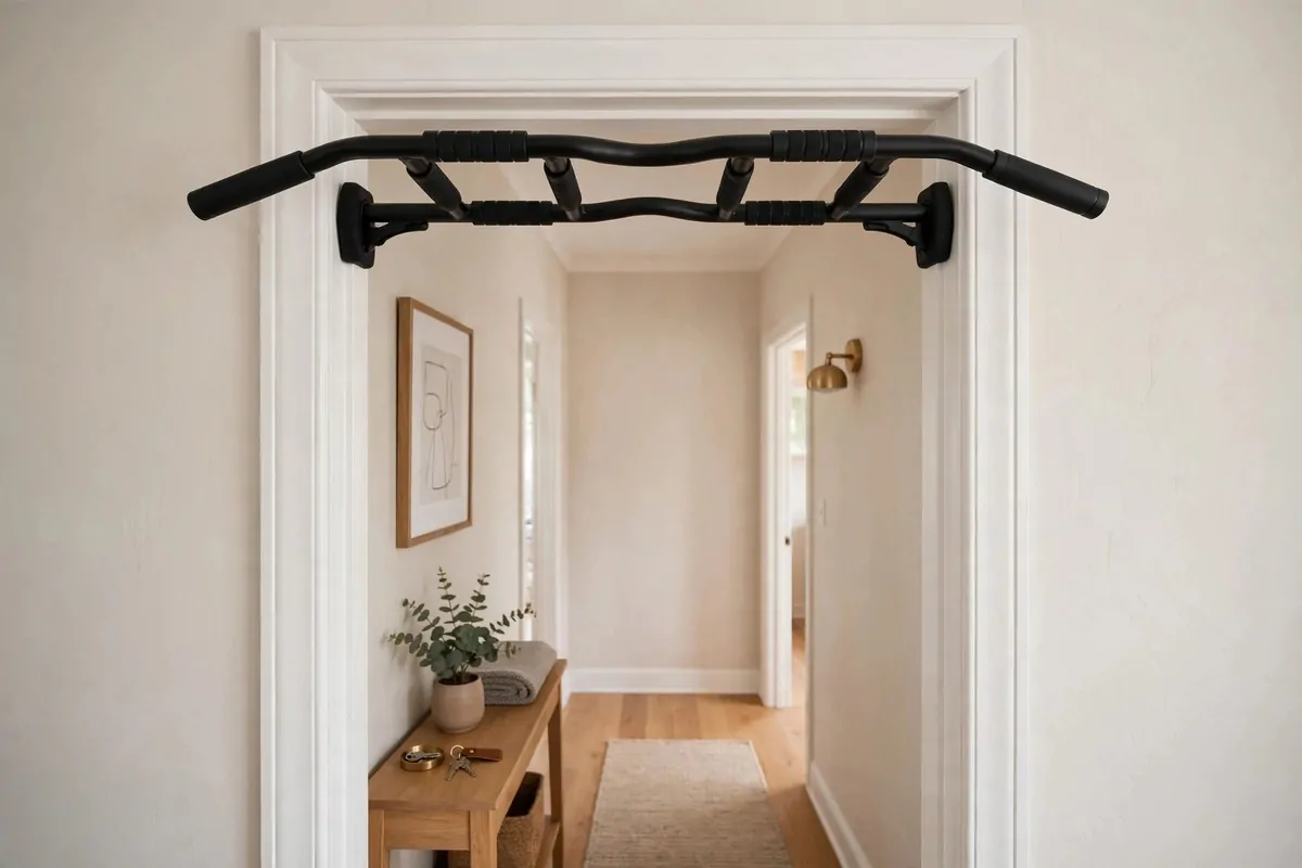15 Mini Gym at Home Ideas That Fit in Any Corner 4 Black doorway pull-up bar fitted in a white door frame with no visible screws