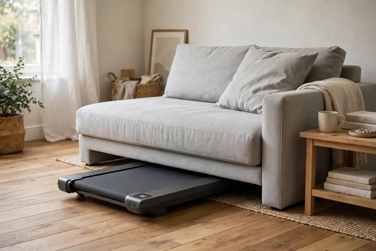 15 Mini Gym at Home Ideas That Fit in Any Corner 5 Slim walking pad treadmill slid halfway under a grey fabric sofa in a living room
