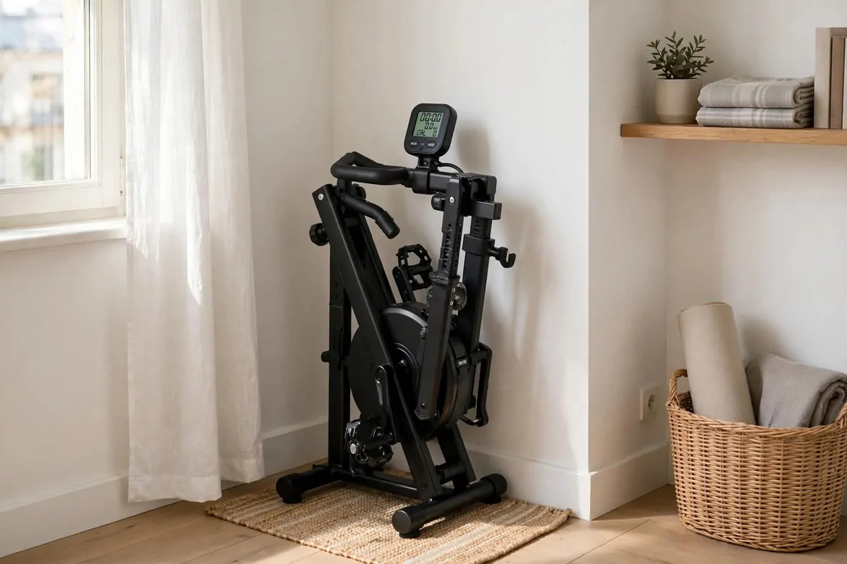 15 Mini Gym at Home Ideas That Fit in Any Corner 6 Compact foldable exercise bike in upright position tucked into a small apartment corner