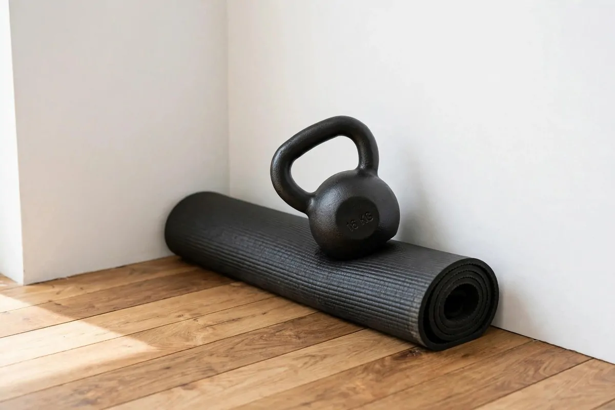 15 Mini Gym at Home Ideas That Fit in Any Corner 7 Single black kettlebell resting on a rolled exercise mat in the corner of a room