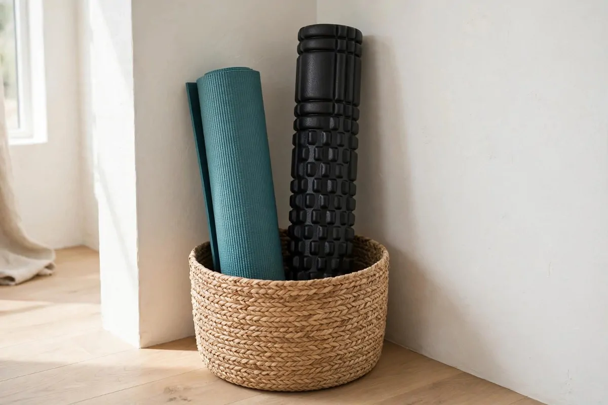 15 Mini Gym at Home Ideas That Fit in Any Corner 8 Rolled yoga mat and foam roller stored upright in a woven basket beside a wall
