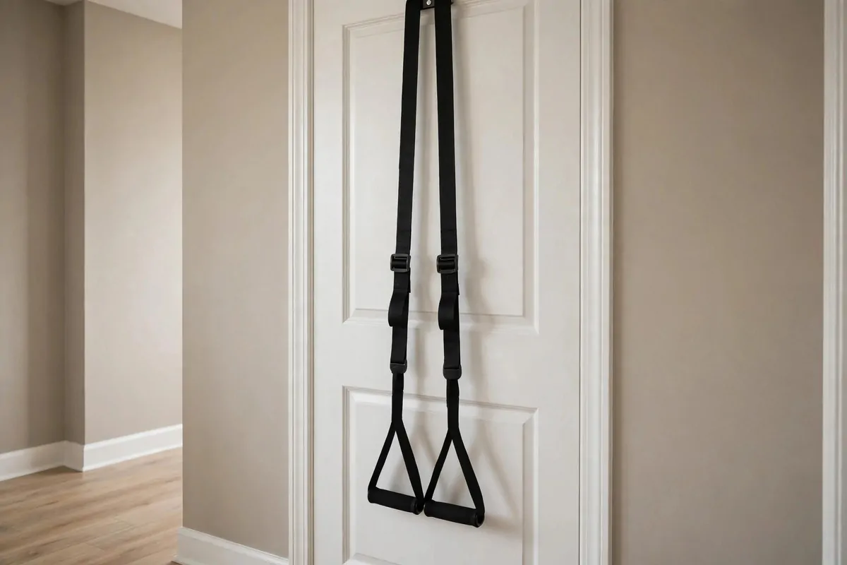 15 Mini Gym at Home Ideas That Fit in Any Corner 9 Suspension trainer straps with handles hanging from a closed door in a home hallway