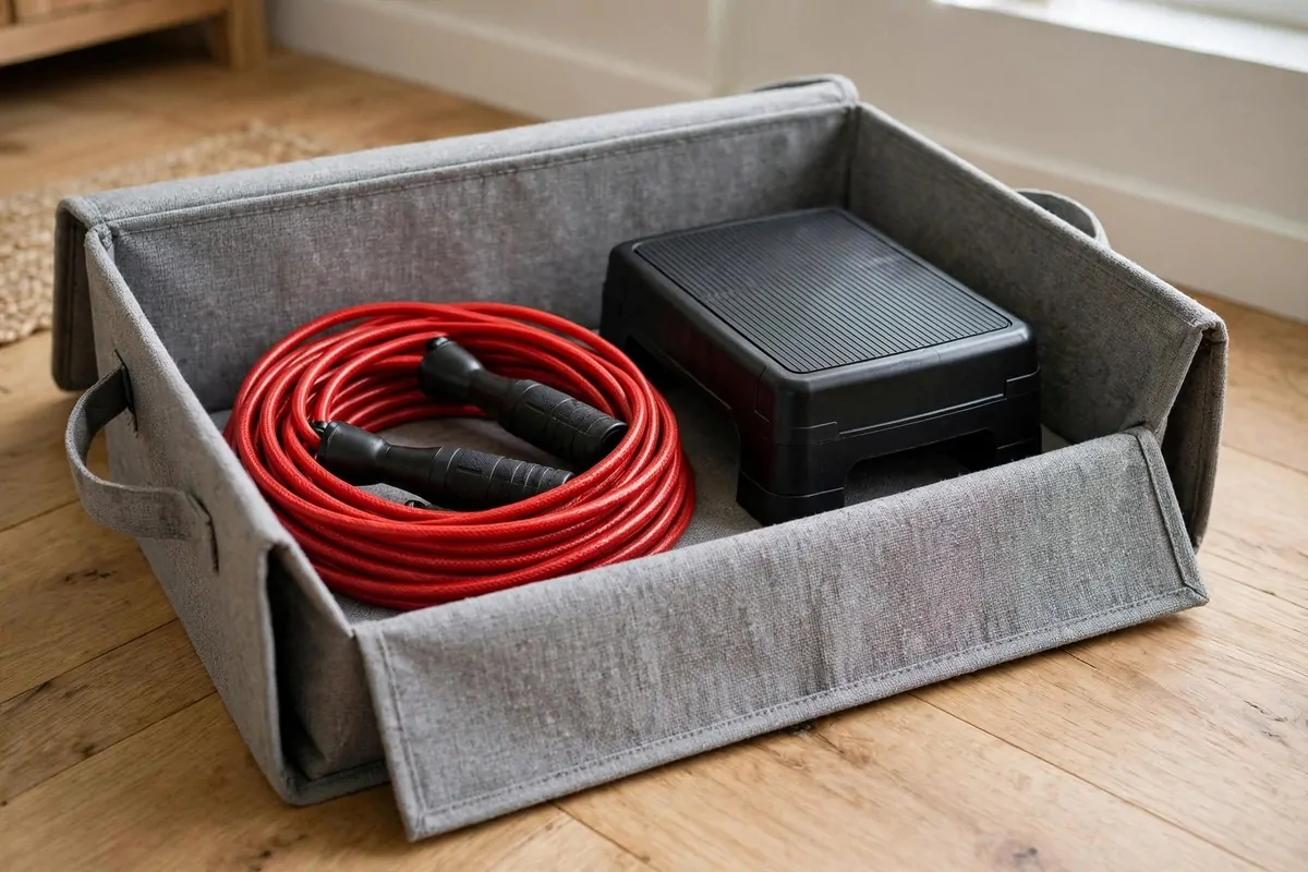 15 Mini Gym at Home Ideas That Fit in Any Corner 10 Jump rope coiled next to a small black step platform in a storage bin