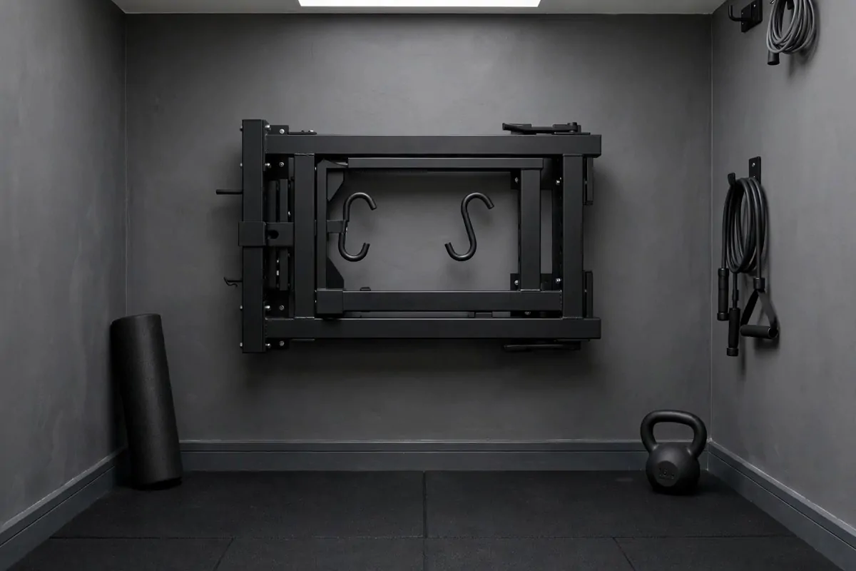 15 Mini Gym at Home Ideas That Fit in Any Corner 11 Wall mounted squat rack folded flat against a garage style wall with hooks