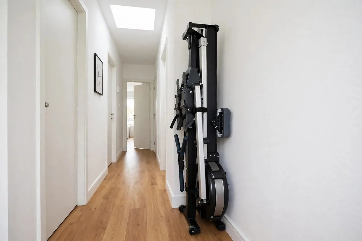 15 Mini Gym at Home Ideas That Fit in Any Corner 12 Compact rowing machine folded upright and stored vertically in a narrow hallway space