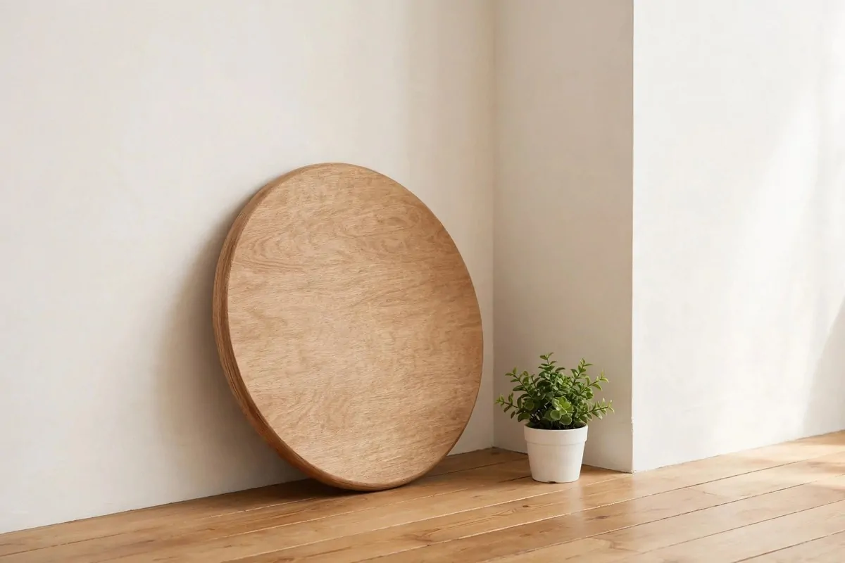 15 Mini Gym at Home Ideas That Fit in Any Corner 13 Wooden balance board leaning against a wall next to a small potted plant in a corner