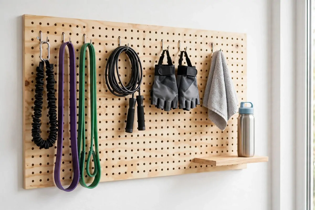 15 Mini Gym at Home Ideas That Fit in Any Corner 14 Wooden pegboard on a wall with hanging jump rope, bands and small gym accessories neatly arranged
