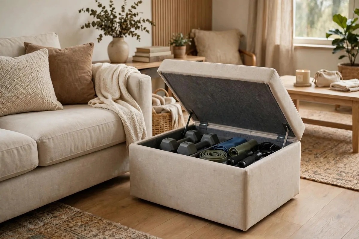 15 Mini Gym at Home Ideas That Fit in Any Corner 15 Storage ottoman with lid open showing dumbbells and bands neatly stored inside in a living room