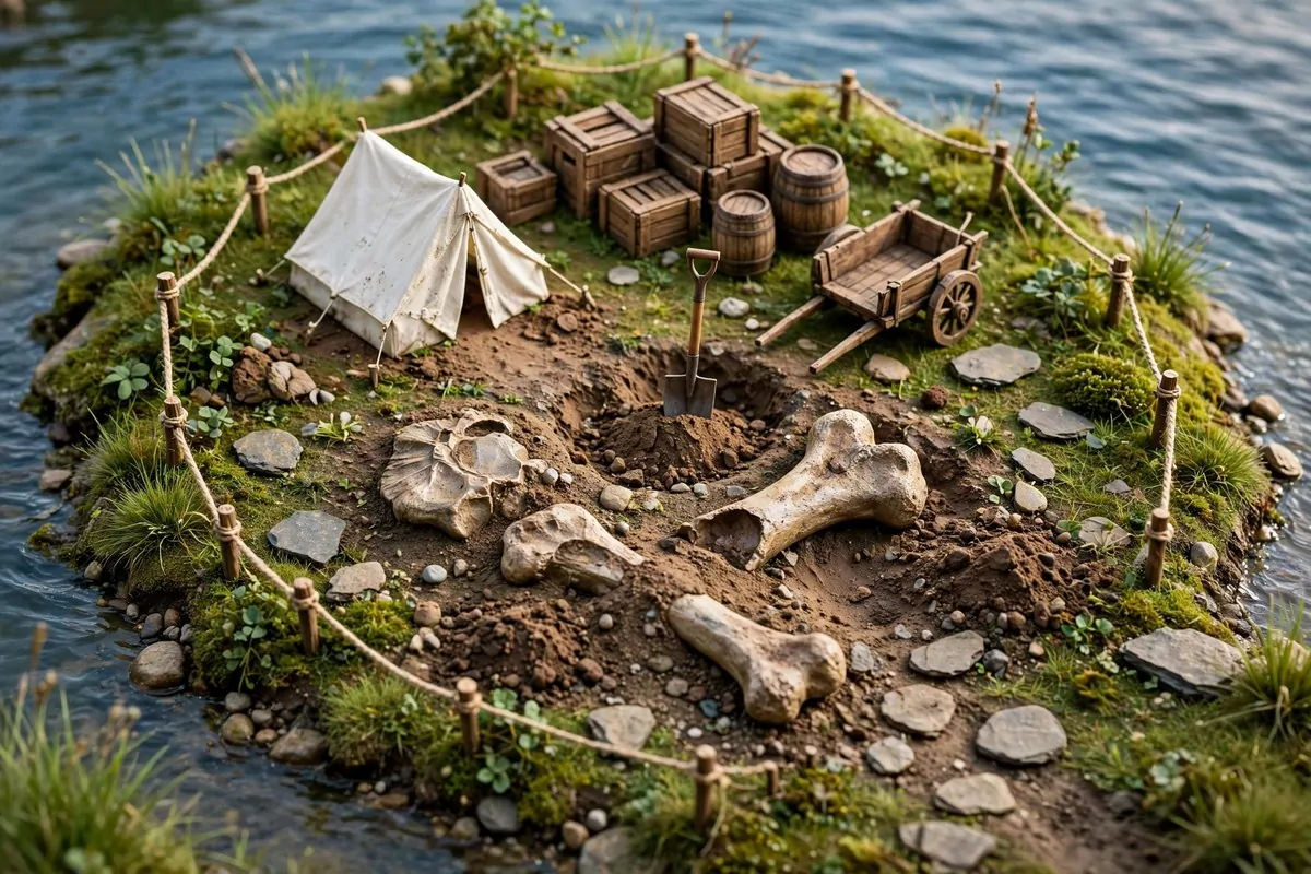 15 Museum Animal Crossing Ideas for Dreamy Island Displays 1 Fossil dig site camp with research tent, wooden crates and buried fossil bones beside the museum
