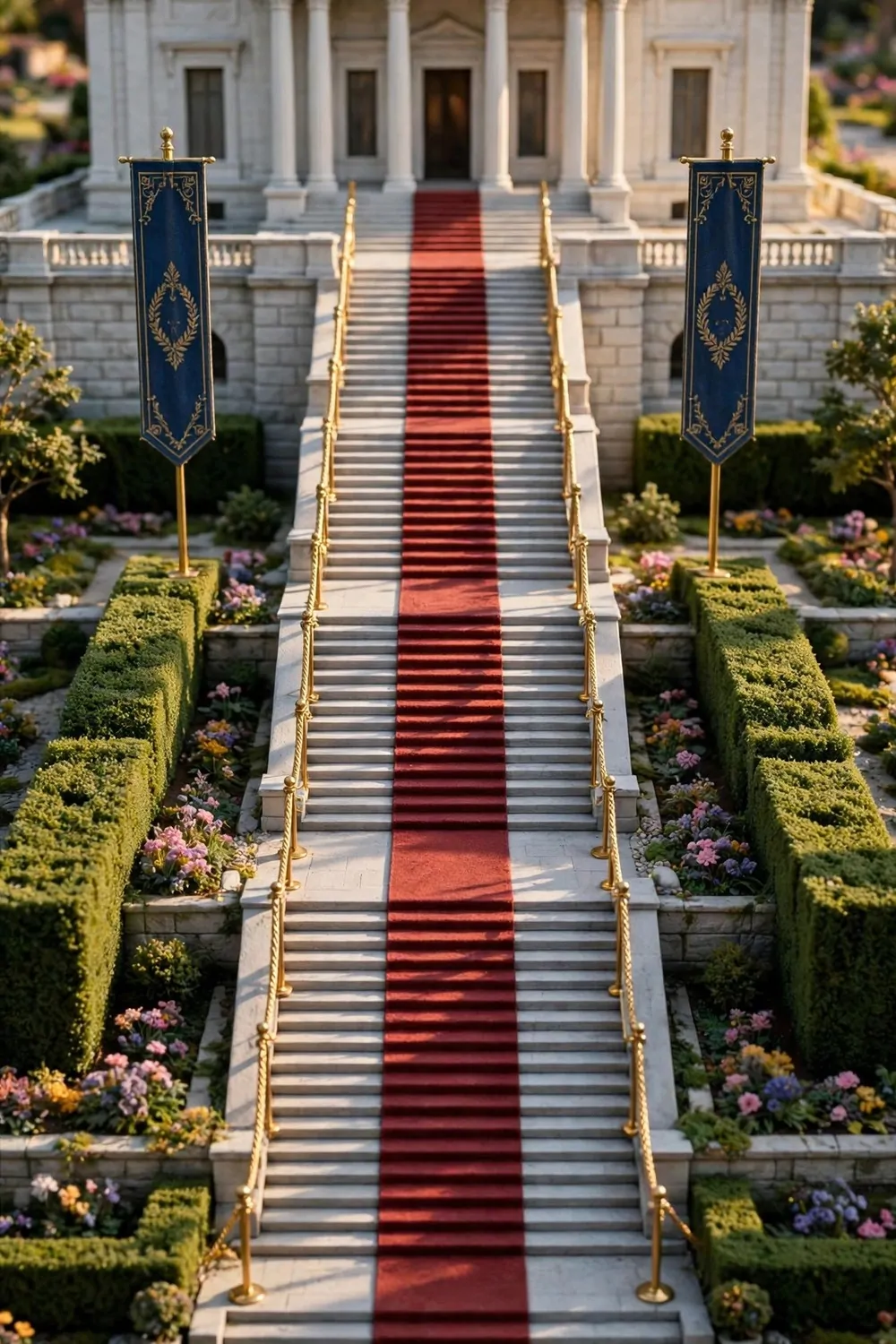 15 Museum Animal Crossing Ideas for Dreamy Island Displays 2 Grand staircase museum entrance with red path, rope fences and tall banners