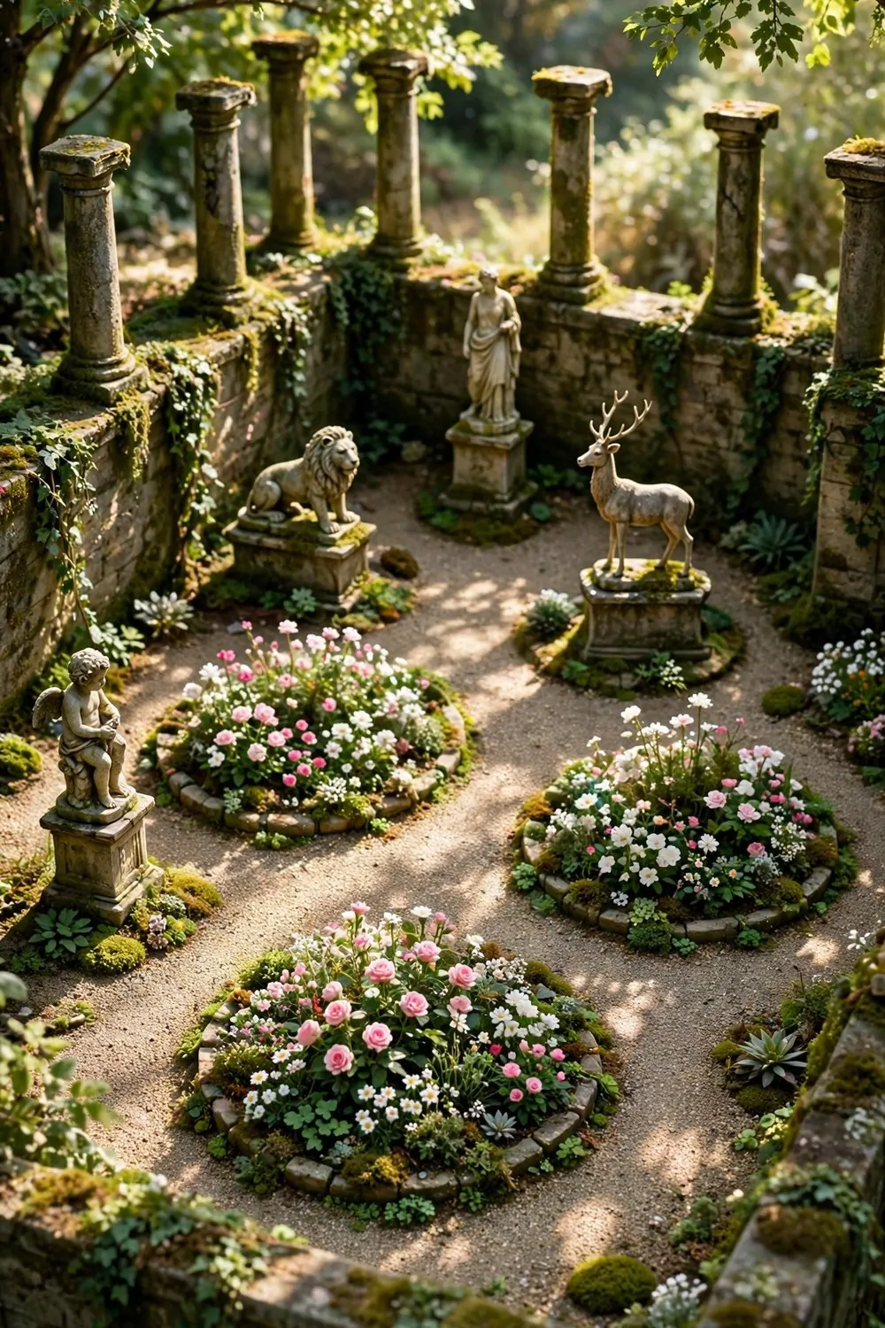 15 Museum Animal Crossing Ideas for Dreamy Island Displays 3 Stone statue garden courtyard with pillars and colorful flower beds near the museum