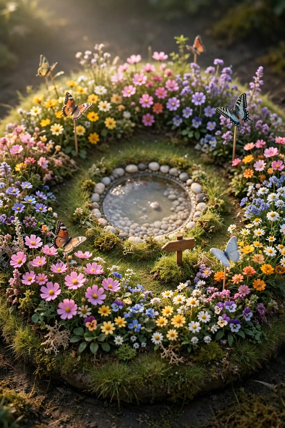 15 Museum Animal Crossing Ideas for Dreamy Island Displays 4 Butterfly garden with butterfly models on stakes, flower beds and a small stone pond