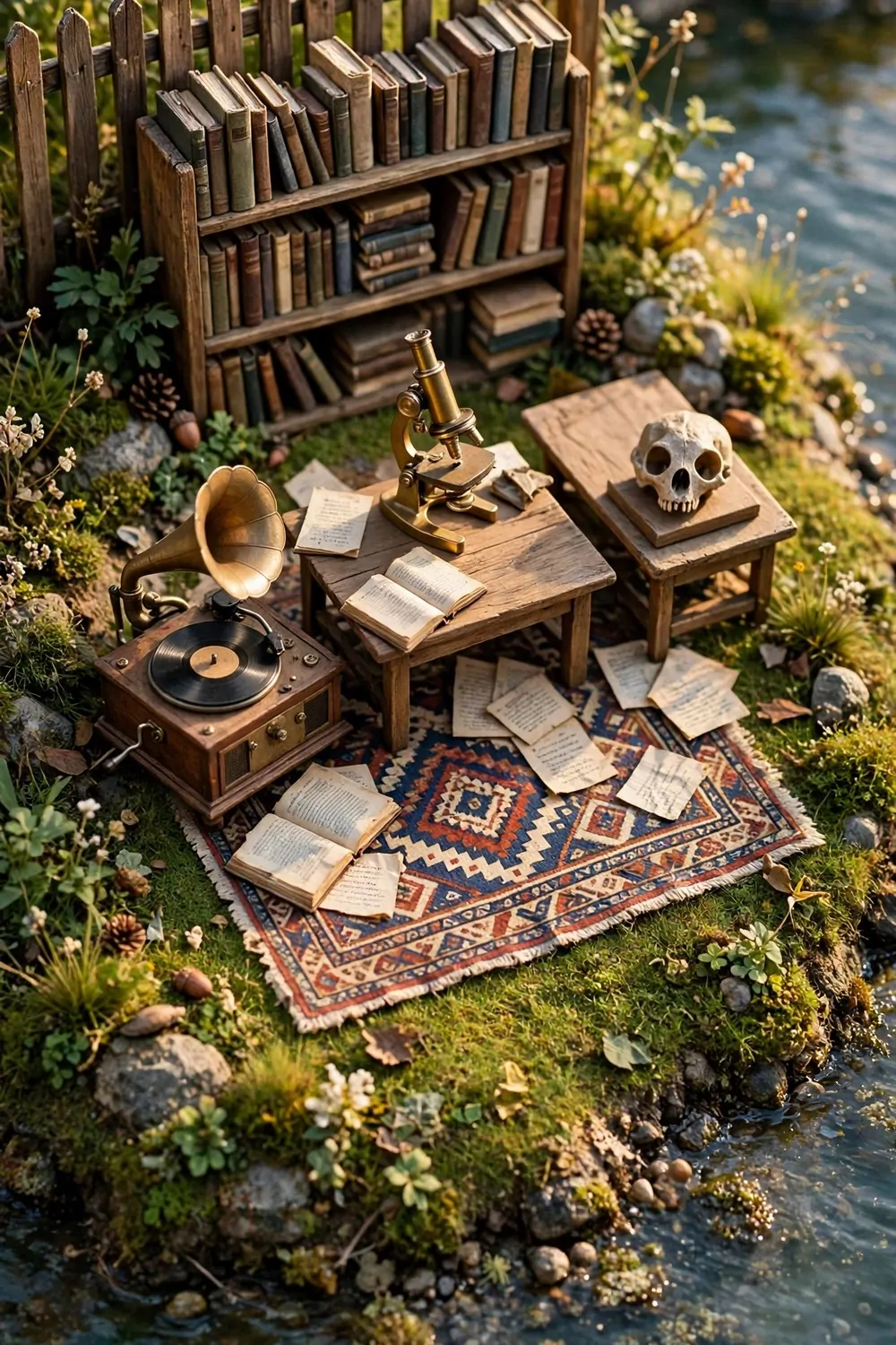15 Museum Animal Crossing Ideas for Dreamy Island Displays 5 Outdoor study corner with wooden bookshelf, microscope, fossil skull and record player