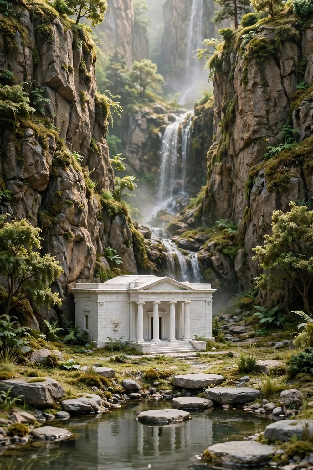 15 Museum Animal Crossing Ideas for Dreamy Island Displays 6 Museum framed by tall cliffs with a waterfall and a calm pond in front