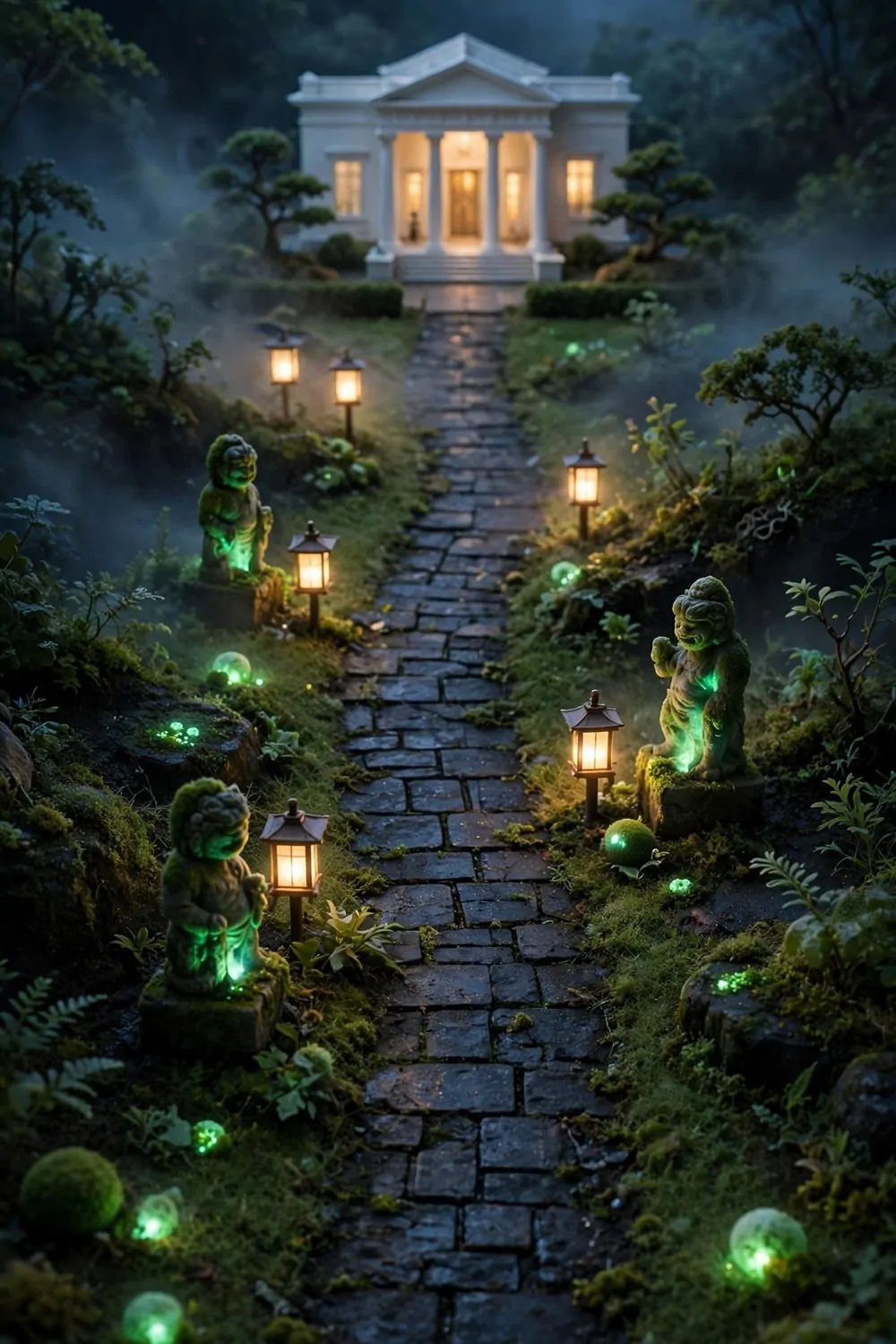 15 Museum Animal Crossing Ideas for Dreamy Island Displays 7 Museum path glowing with lanterns and moss statues on a misty night