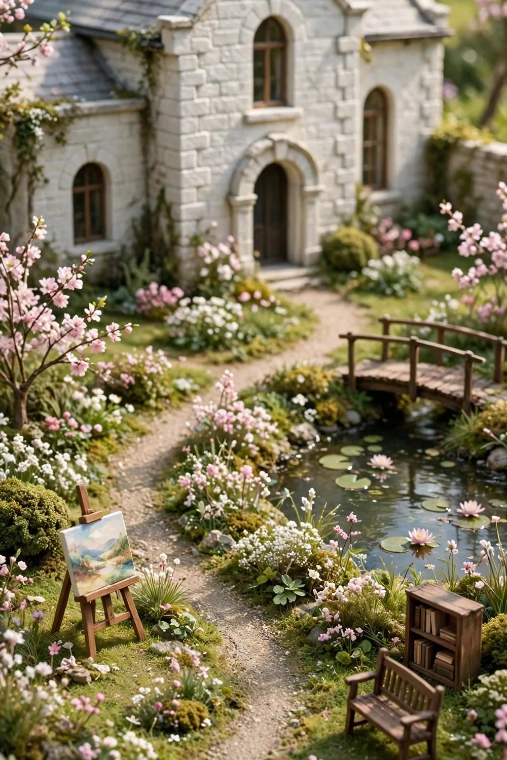 15 Museum Animal Crossing Ideas for Dreamy Island Displays 9 Cottage flower garden with pink blossoms and a small lily pond in front of the museum