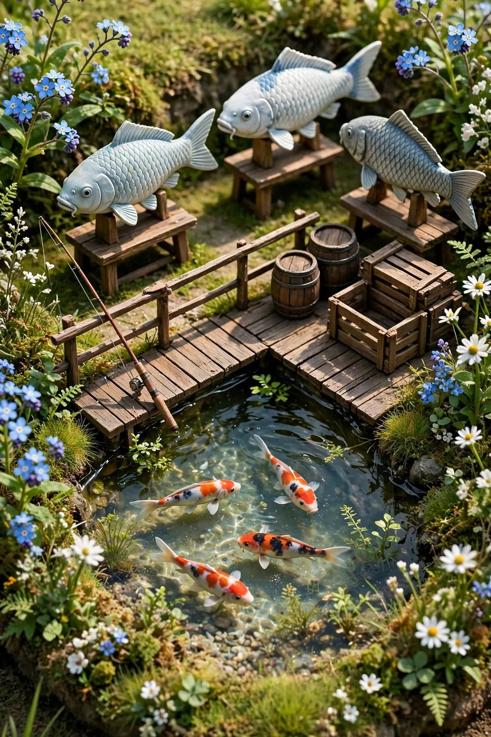 15 Museum Animal Crossing Ideas for Dreamy Island Displays 10 Aquarium courtyard with a fish pond, wooden deck and fishing gear by the water