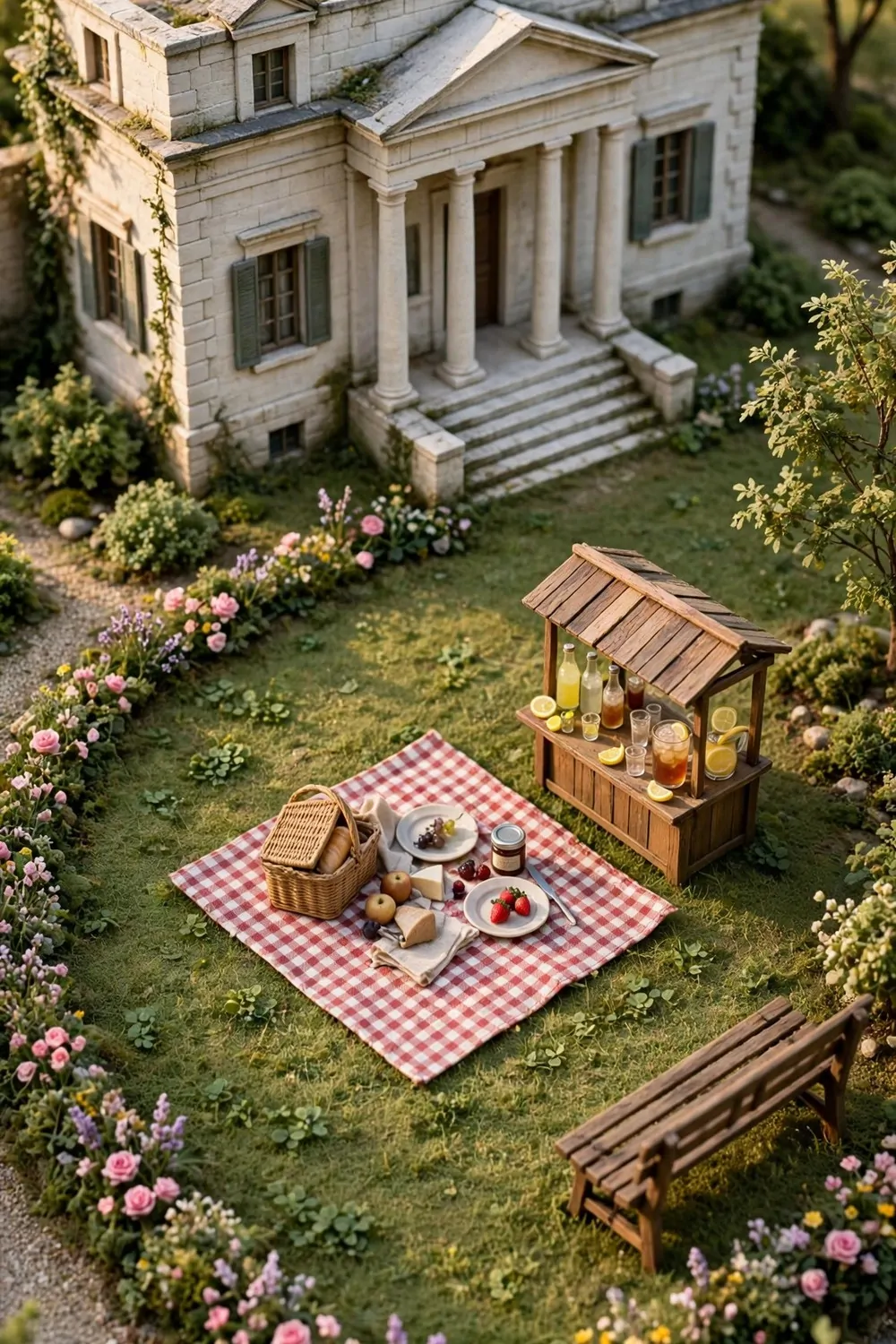 15 Museum Animal Crossing Ideas for Dreamy Island Displays 11 Picnic reading lawn with blanket, basket, bench and flowers beside the museum