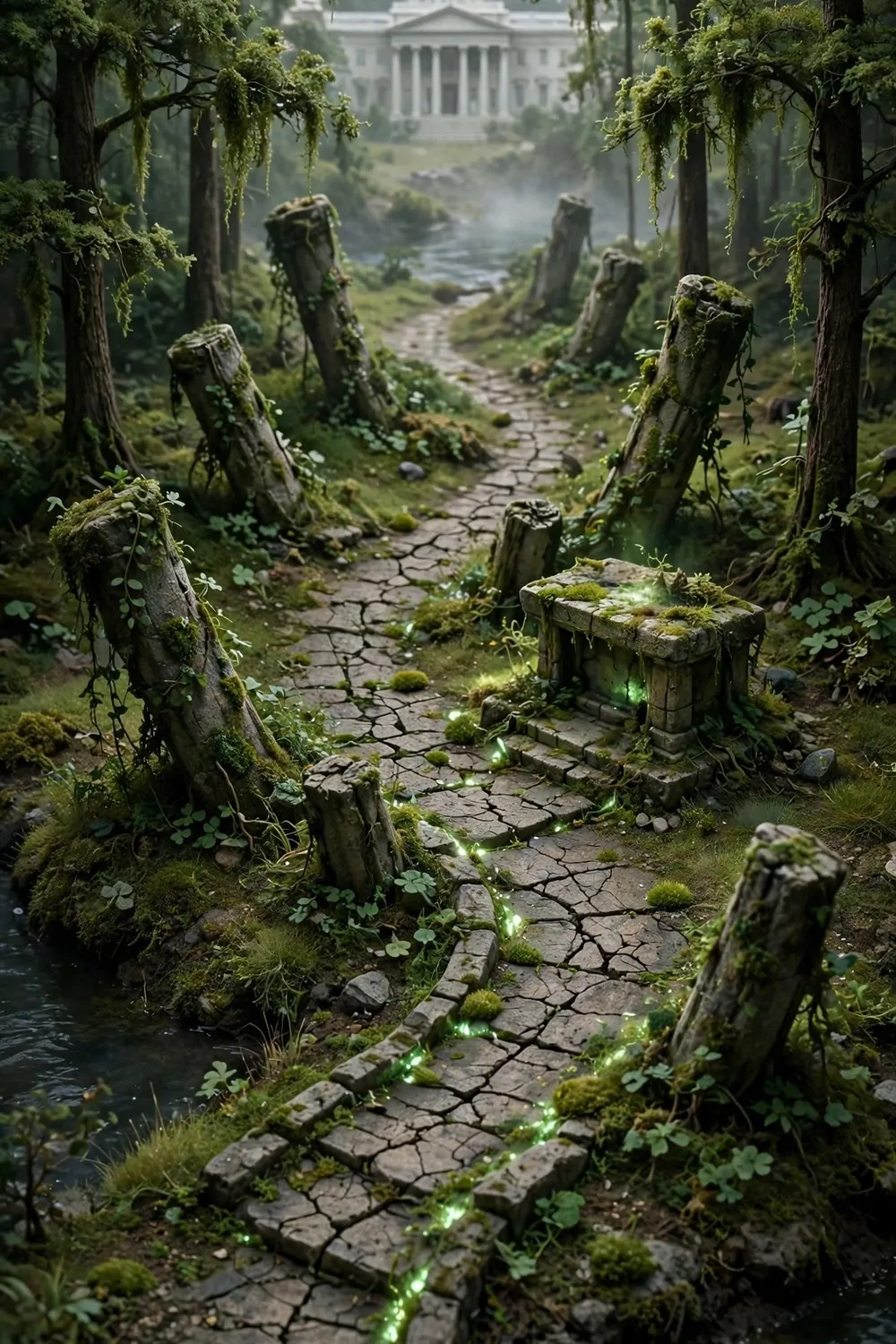 15 Museum Animal Crossing Ideas for Dreamy Island Displays 12 Ancient ruins walk with mossy broken pillars, glowing moss and a stone altar