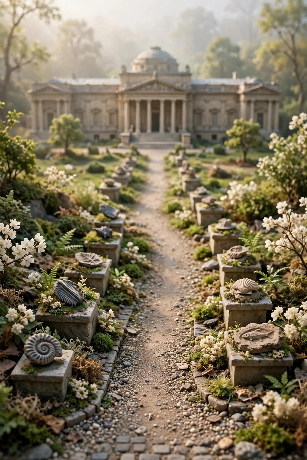 15 Museum Animal Crossing Ideas for Dreamy Island Displays 13 Straight museum path lined with white flowers and small fossil markers