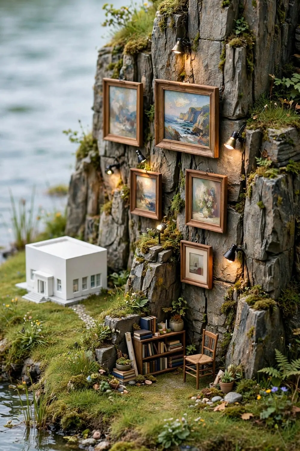 15 Museum Animal Crossing Ideas for Dreamy Island Displays 15 Cliff gallery with framed paintings hung on a stone rock face behind the museum