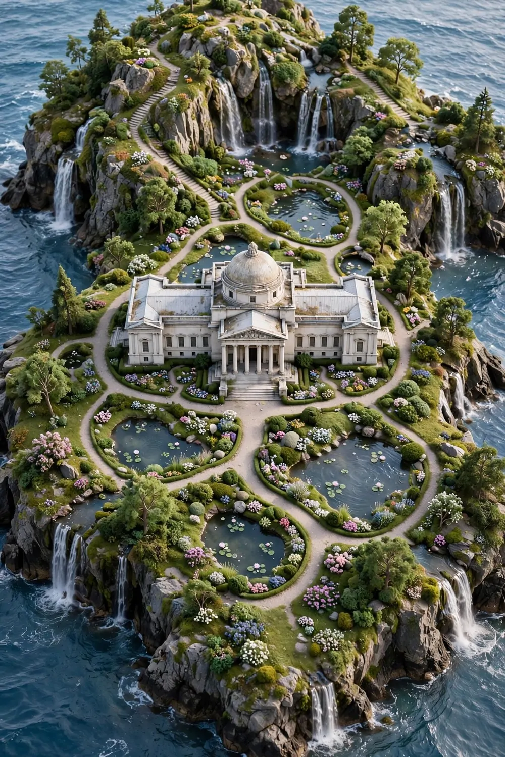 15 Museum Animal Crossing Ideas for Dreamy Island Displays 16 Aerial view of a dreamy island with the museum and gardens at its center