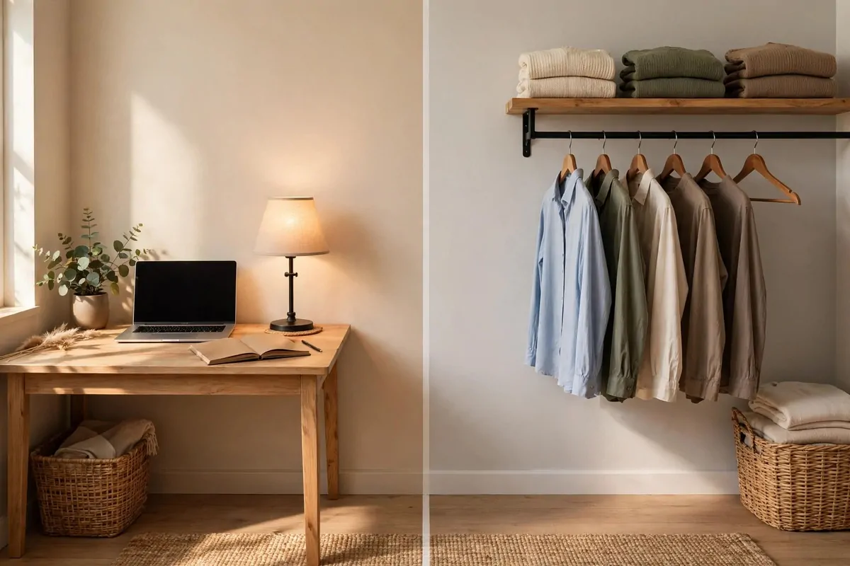 15 Office and Closet Combo Room Setups That Work Twice as Hard 1 A wall split in half with a wooden desk, laptop and lamp on one side and a clothes rail with shirts and folded jumpers on the other