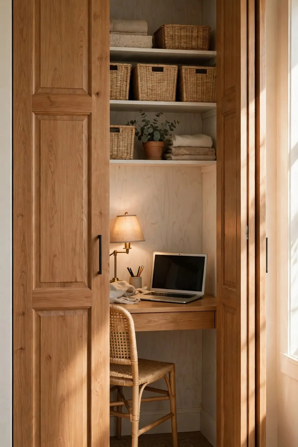 15 Office and Closet Combo Room Setups That Work Twice as Hard 2 A closet with wooden sliding doors open to reveal a small desk with a laptop, lamp and woven chair, with baskets on shelves above