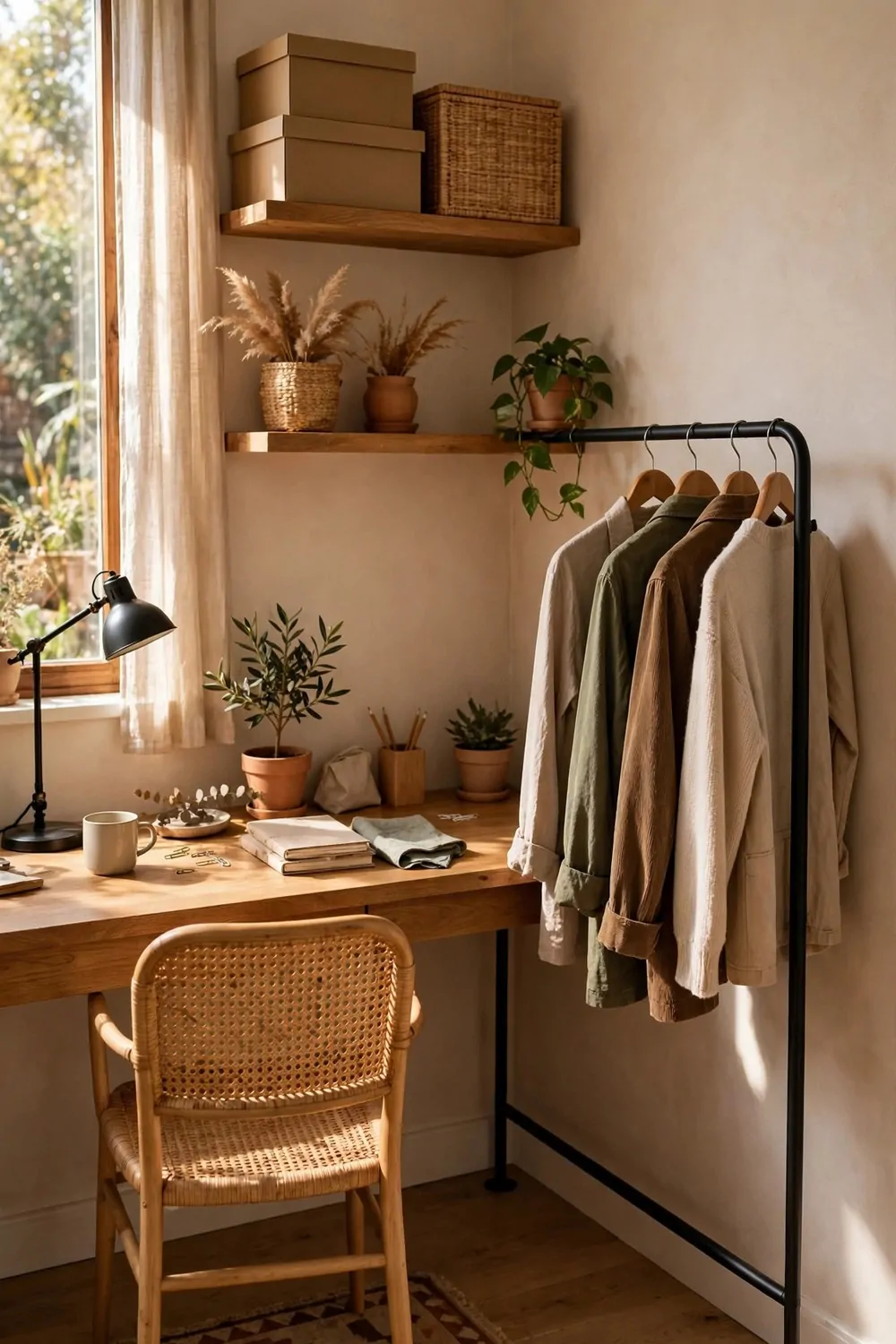 15 Office and Closet Combo Room Setups That Work Twice as Hard 3 An L-shaped corner with a wooden desk, lamp and plants on one wall and a black clothes rail with hanging shirts on the other