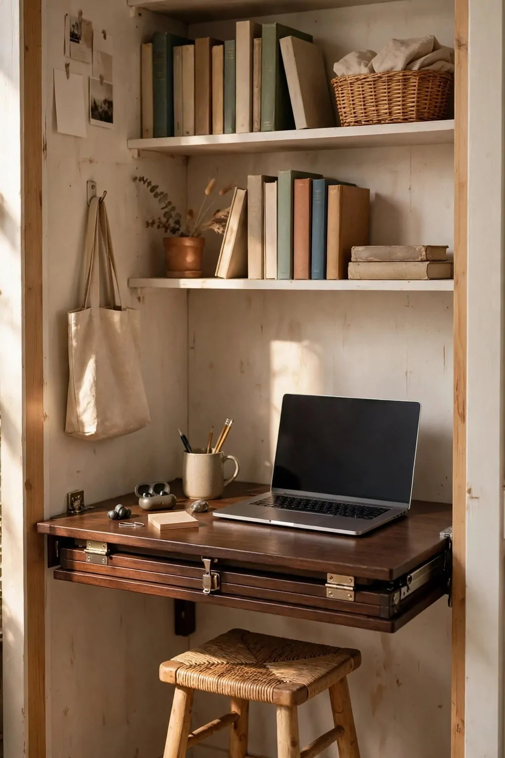 15 Office and Closet Combo Room Setups That Work Twice as Hard 4 A fold-down wooden desk with a laptop and pen pot inside a closet nook, with a woven stool tucked under and books on shelves above