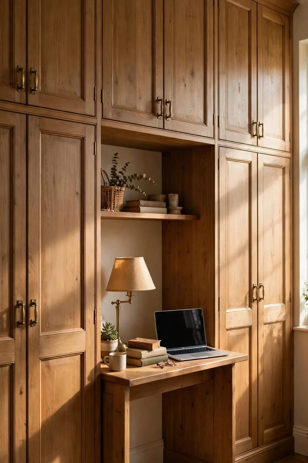 15 Office and Closet Combo Room Setups That Work Twice as Hard 5 A tall wooden wardrobe wall with a work nook in the middle holding a desk, laptop, lamp and books