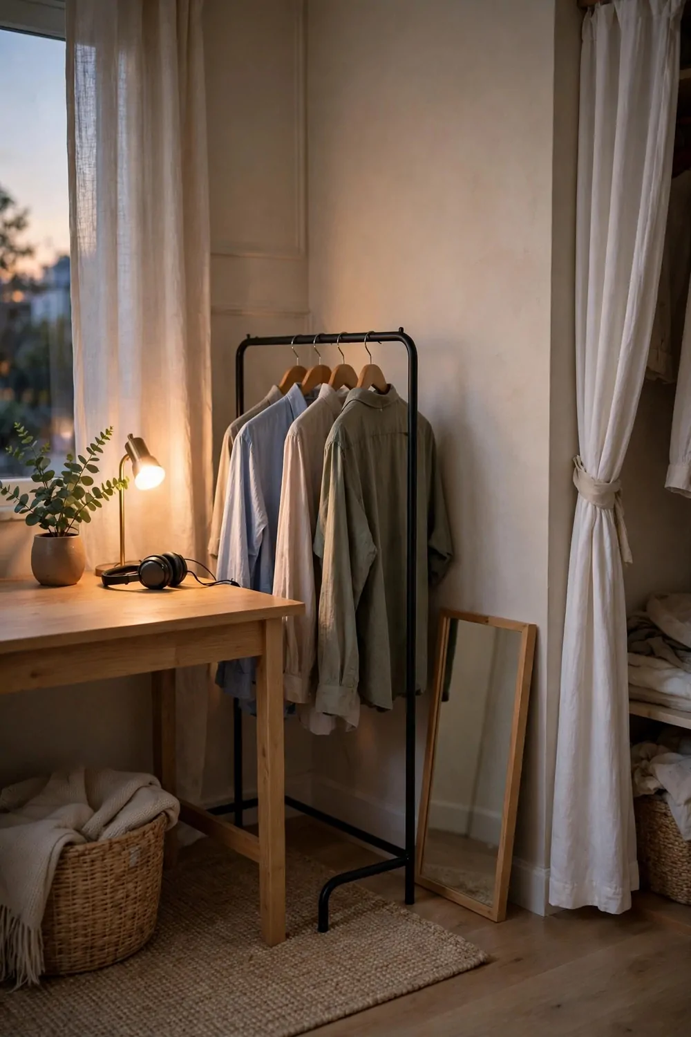 15 Office and Closet Combo Room Setups That Work Twice as Hard 6 A small room in soft evening light with a cleared desk, a glowing lamp, a clothes rail with shirts and a leaning mirror