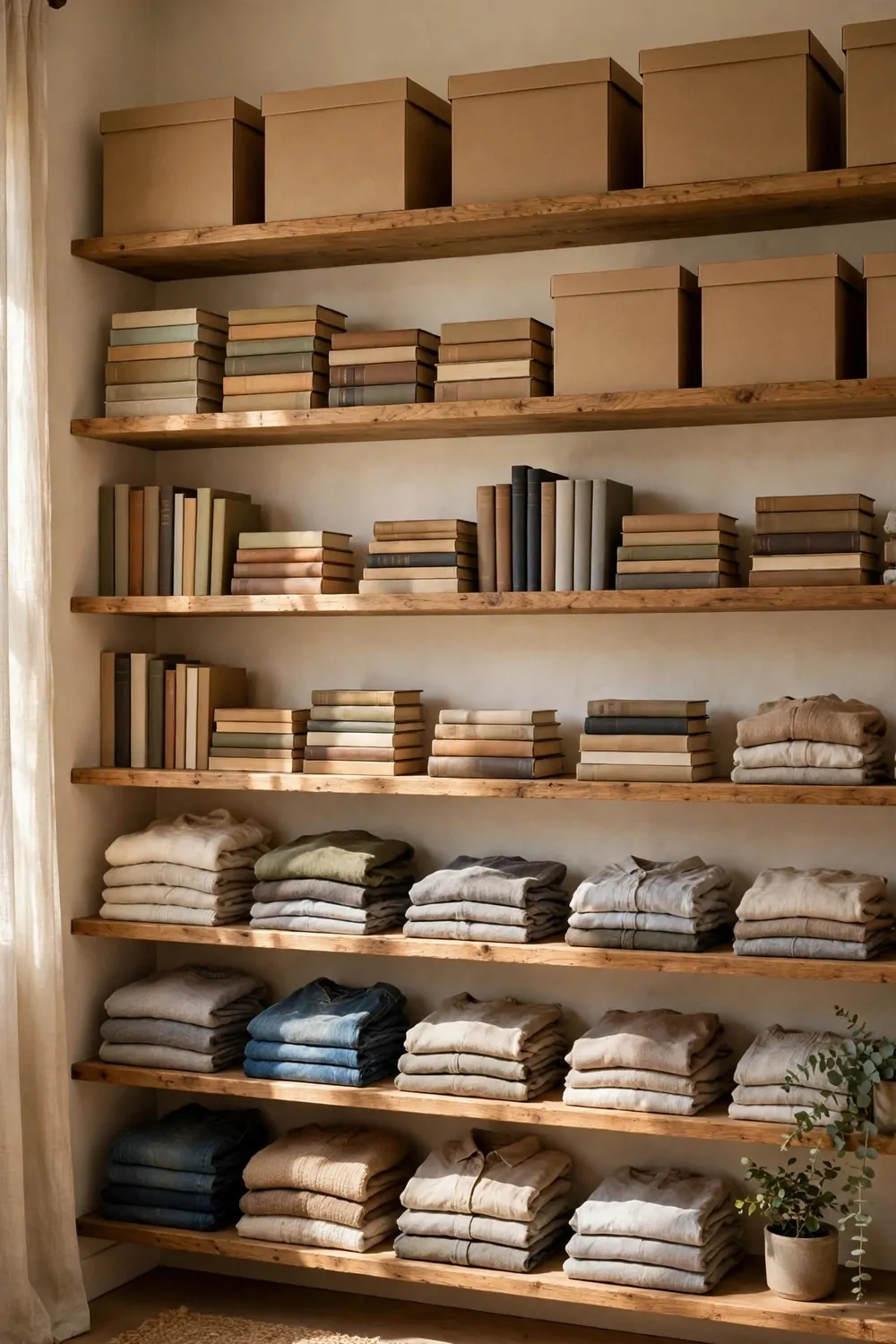15 Office and Closet Combo Room Setups That Work Twice as Hard 7 A long wall of wooden shelves holding storage boxes and books on top and neatly folded clothes below